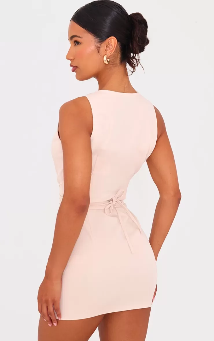 PrettyLittleThing Cream Tie Wrap Waist Vest Mini Dress< Mini Dresses