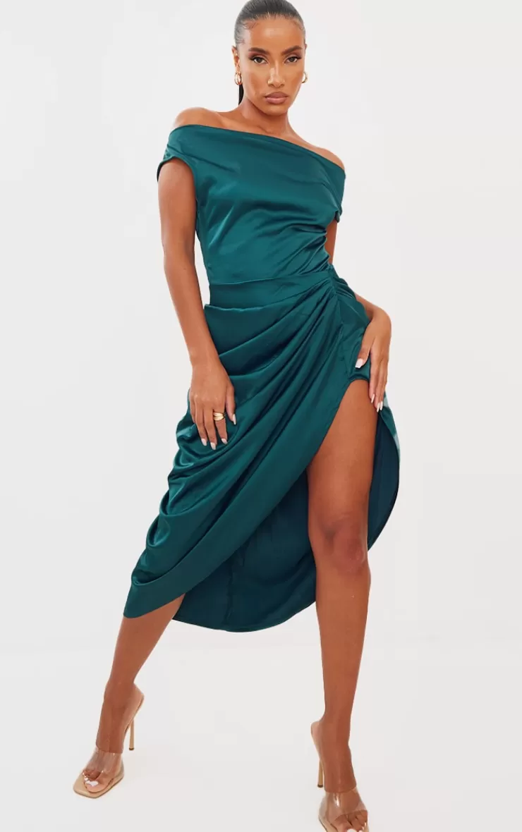 PrettyLittleThing Satin Off The Shoulder Draped Skirt Midi Dress< Wedding Guest Dresses