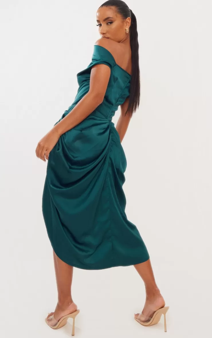 PrettyLittleThing Satin Off The Shoulder Draped Skirt Midi Dress< Wedding Guest Dresses