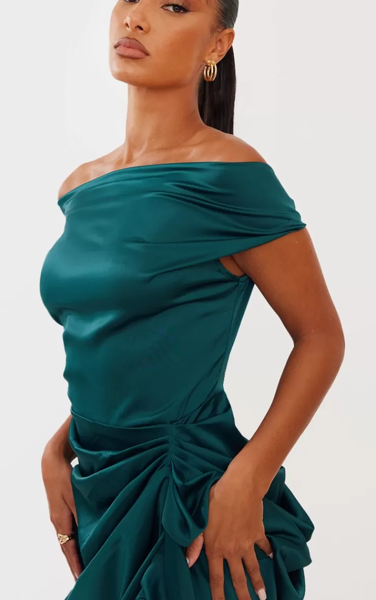 PrettyLittleThing Satin Off The Shoulder Draped Skirt Midi Dress< Wedding Guest Dresses
