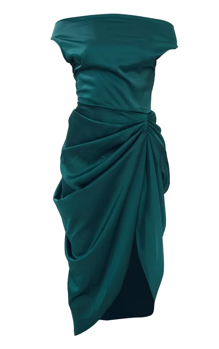 PrettyLittleThing Satin Off The Shoulder Draped Skirt Midi Dress< Wedding Guest Dresses