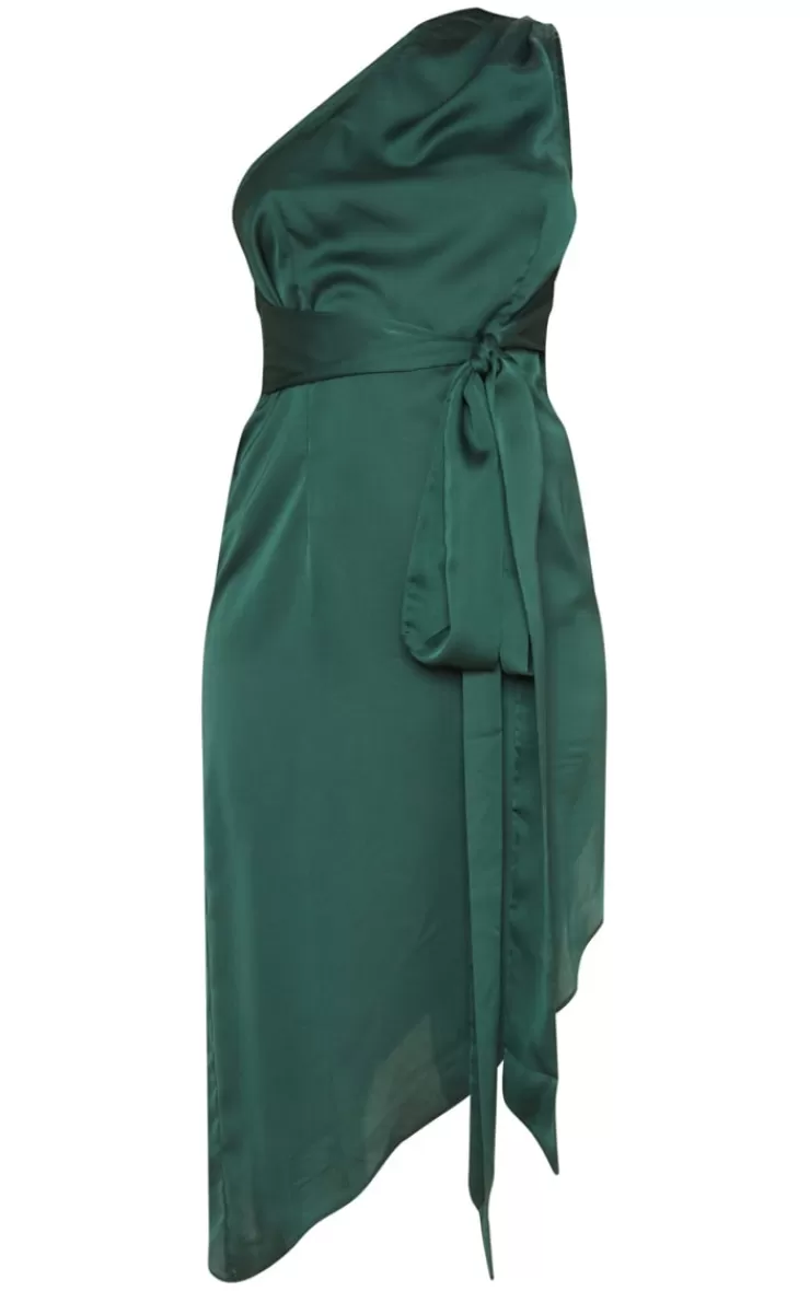 PrettyLittleThing Satin One Shoulder Tie Waist Asymmetric Hem Midi Dress< Bridal Shower