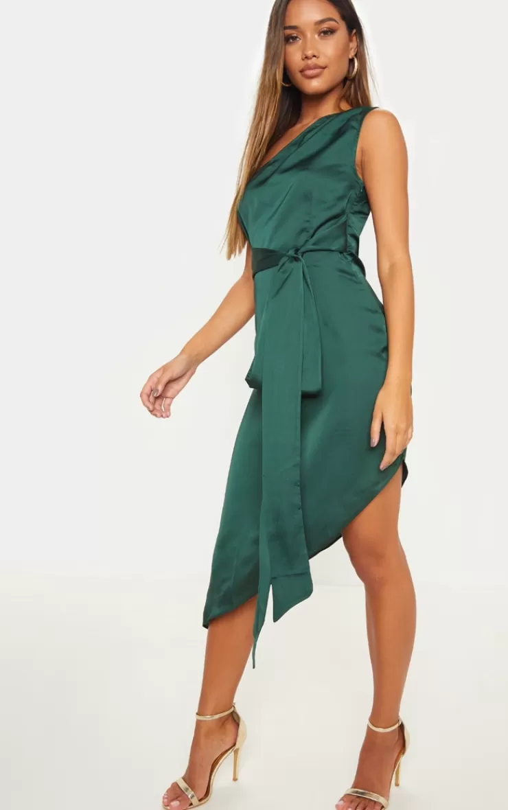 PrettyLittleThing Satin One Shoulder Tie Waist Asymmetric Hem Midi Dress< Bridal Shower