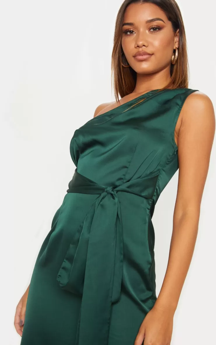 PrettyLittleThing Satin One Shoulder Tie Waist Asymmetric Hem Midi Dress< Bridal Shower