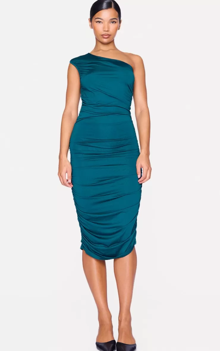 PrettyLittleThing Slinky One Shoulder Ruched Longline Midi Dress< Wedding Guest Dresses