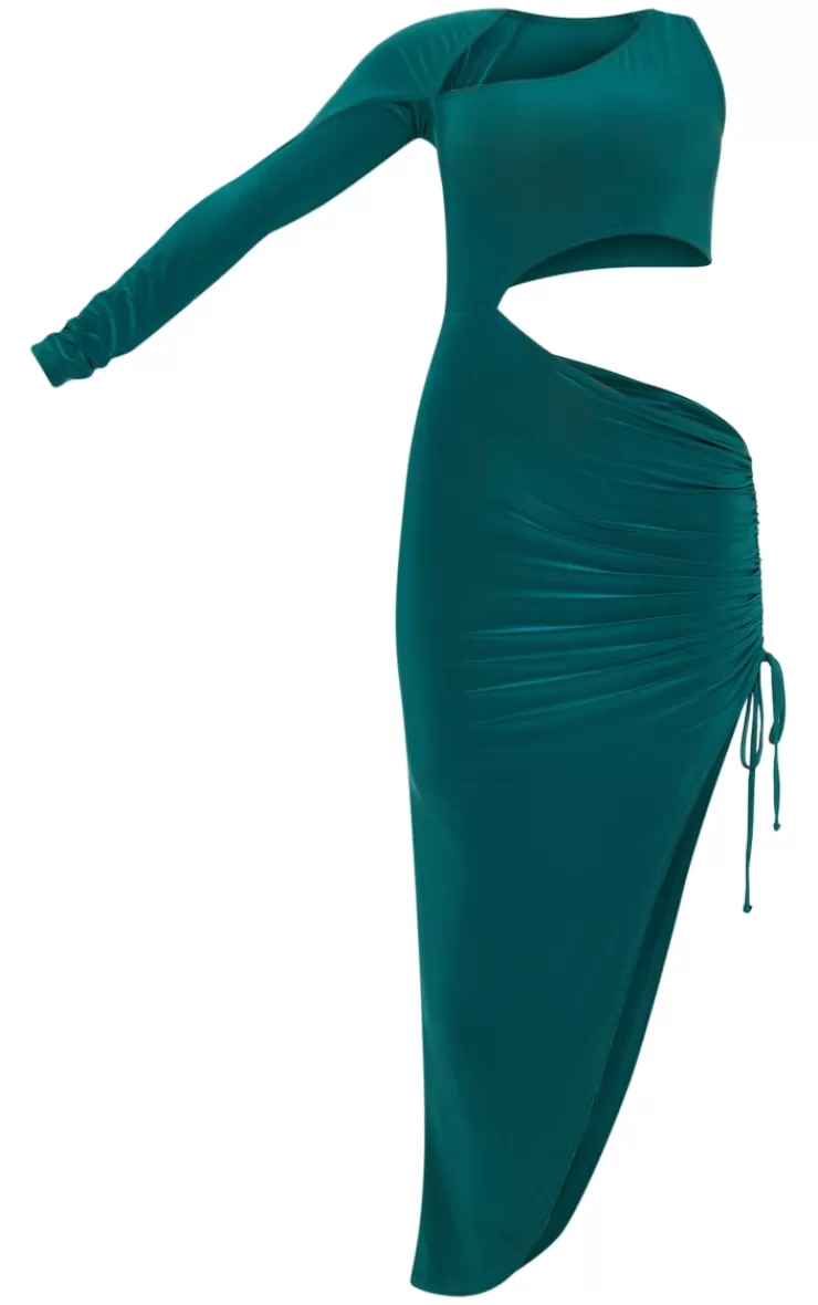 PrettyLittleThing Slinky One Sleeve Cut Out Ruched Midi Dress< Midi Dresses