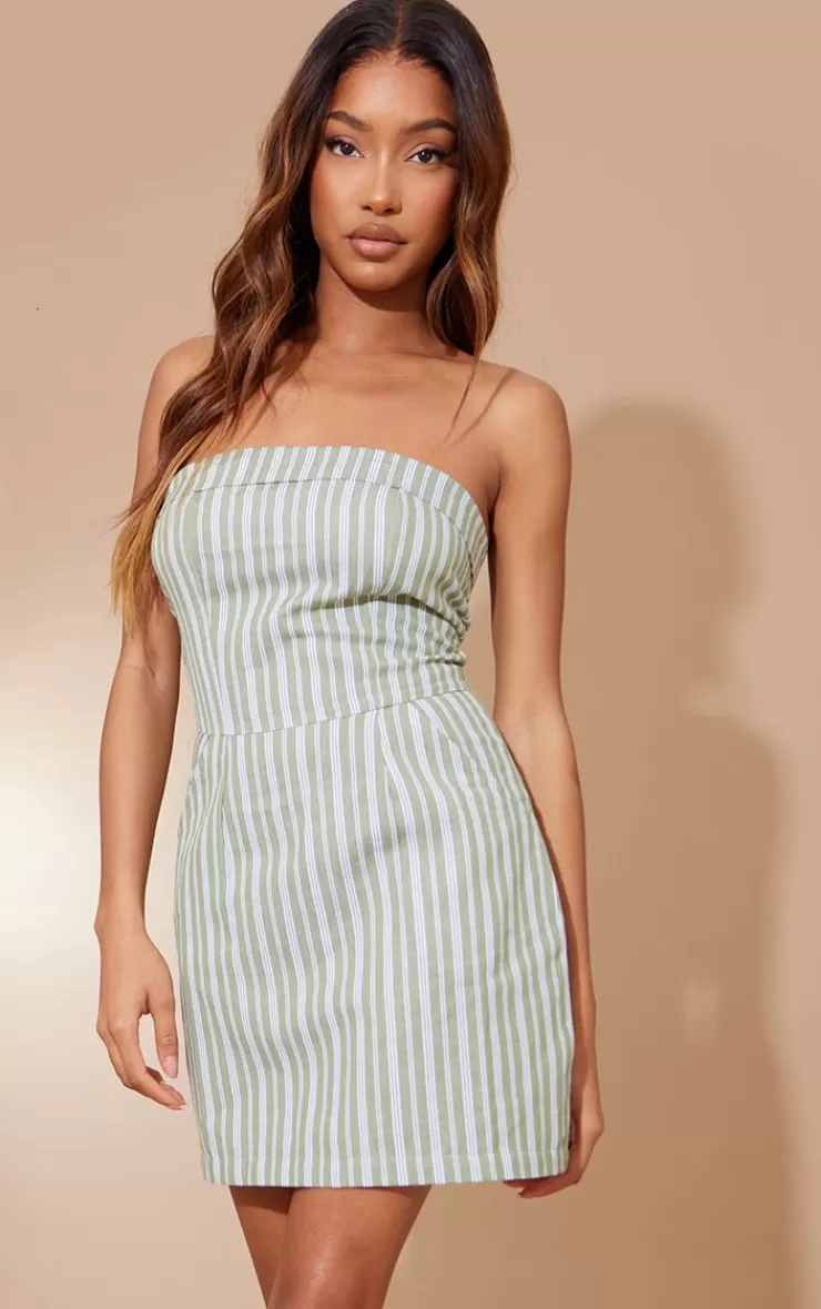 PrettyLittleThing Stripe Linen Look Bandeau Bodycon Dress< Strapless Dresses