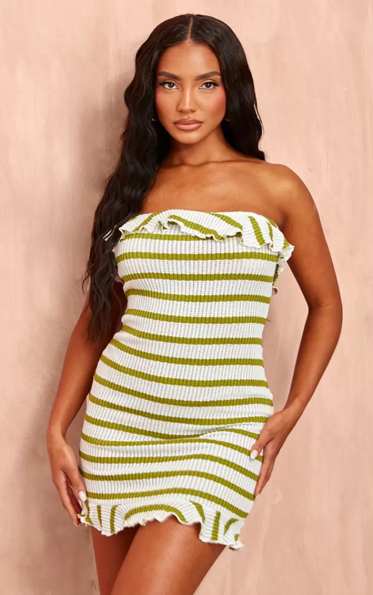 PrettyLittleThing Striped Bandeau Frill Hem Textured Bodycon Dress< Strapless Dresses