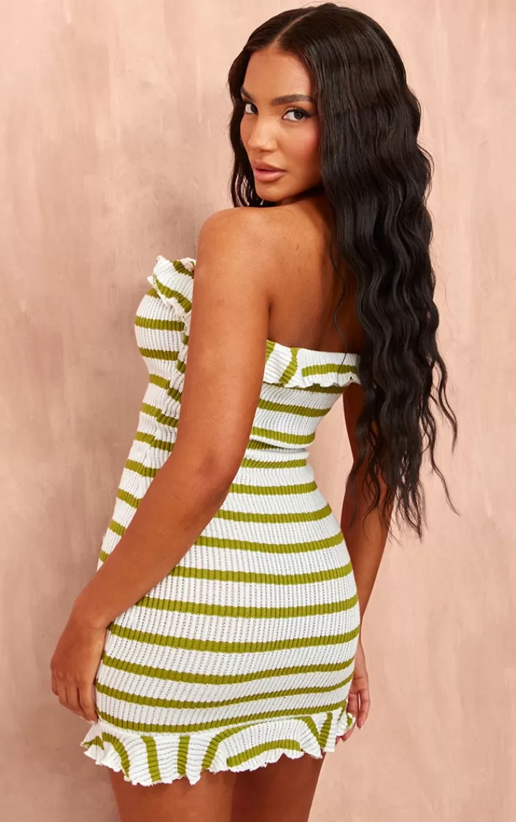 PrettyLittleThing Striped Bandeau Frill Hem Textured Bodycon Dress< Strapless Dresses