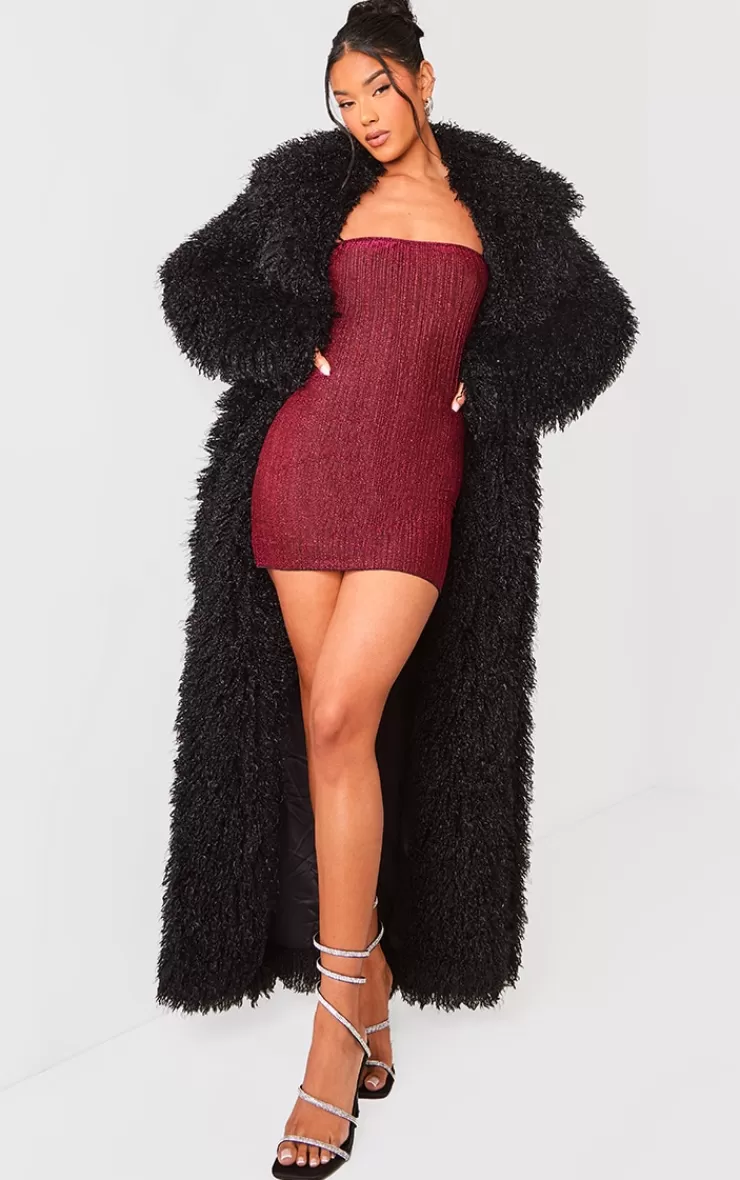 PrettyLittleThing Glitter Plisse Bandeau Lettuce Hem Bodycon Dress< Strapless Dresses