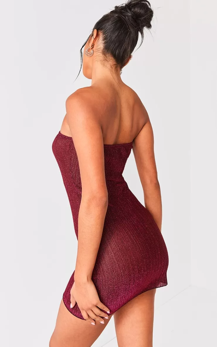 PrettyLittleThing Glitter Plisse Bandeau Lettuce Hem Bodycon Dress< Strapless Dresses