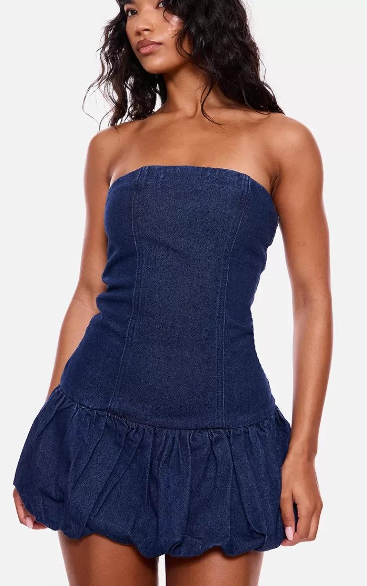 PrettyLittleThing Denim Bandeau Puffball Mini Dress< Strapless Dresses