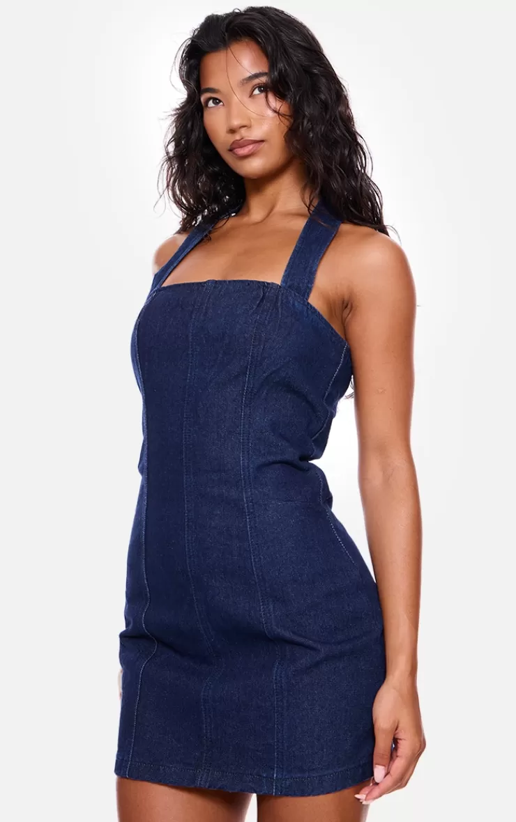 PrettyLittleThing Halterneck Denim Mini Dress< Denim Dresses