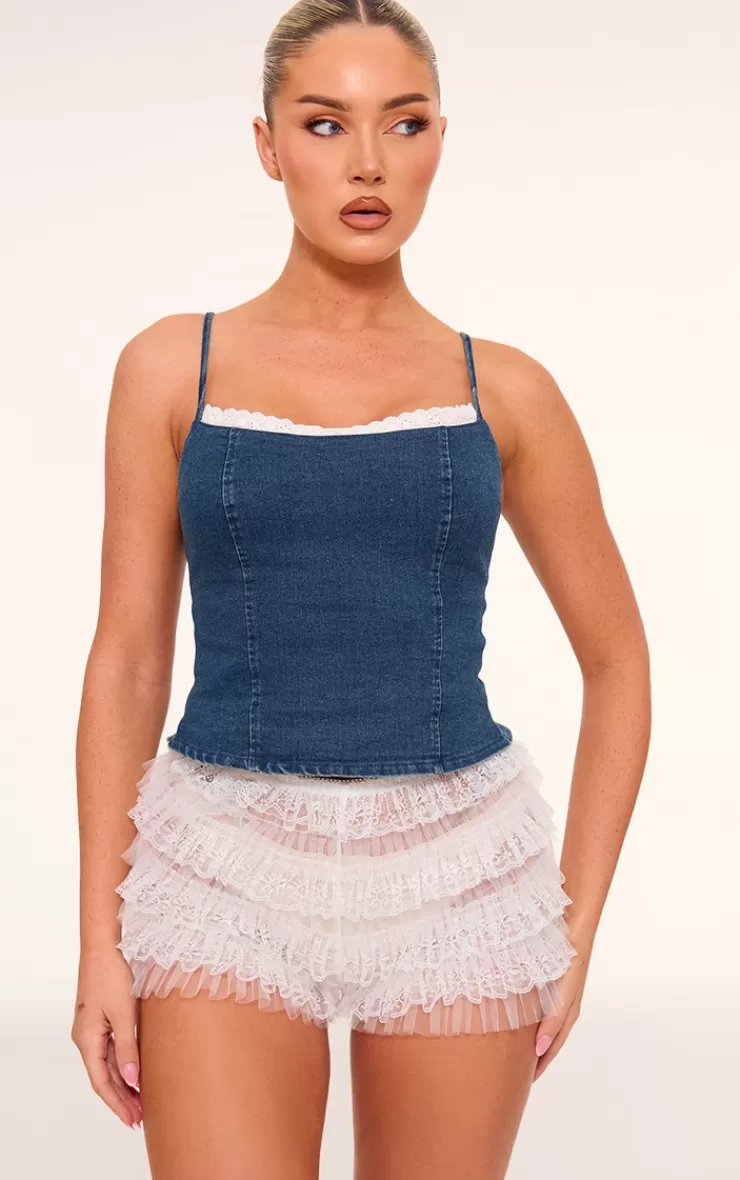 PrettyLittleThing Lace Trim Corset Back Crop Top< Going Out