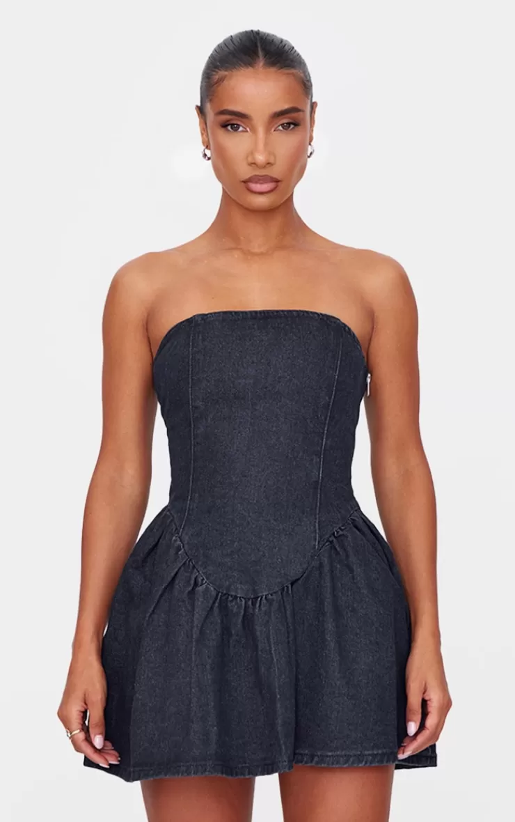 PrettyLittleThing Lace Up Back Denim Puffball Dress< Strapless Dresses