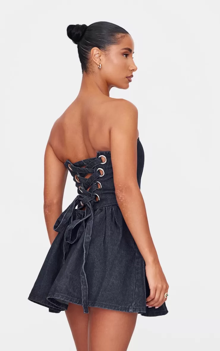 PrettyLittleThing Lace Up Back Denim Puffball Dress< Strapless Dresses