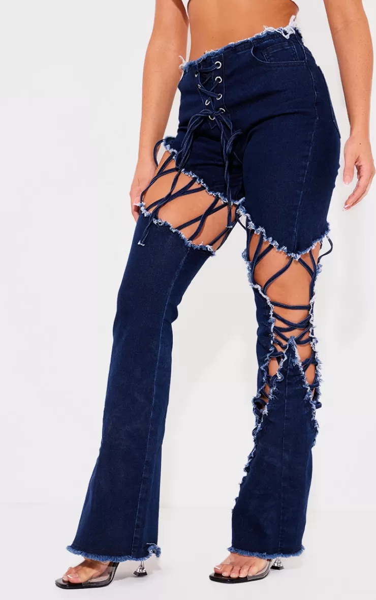 PrettyLittleThing Lace Up Extreme Detail Flared Jeans< Going Out