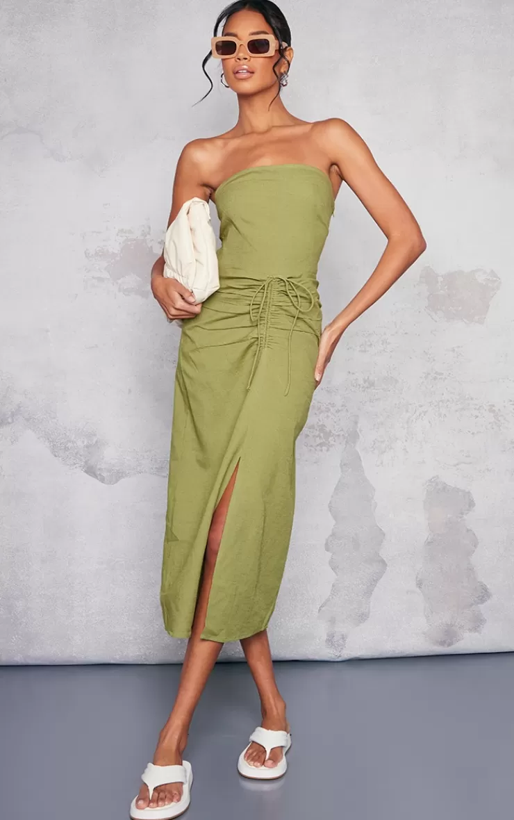 PrettyLittleThing Linen Look Bandeau Ruched Detail Midaxi Dress< Strapless Dresses