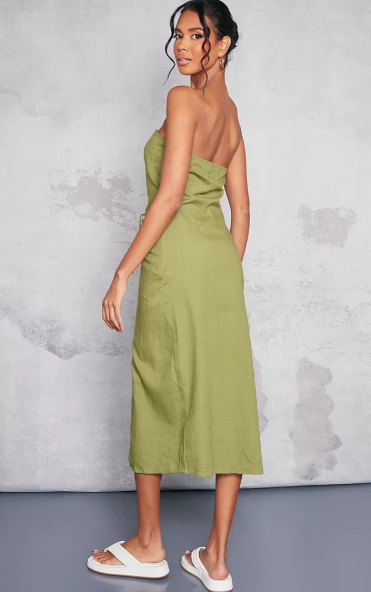 PrettyLittleThing Linen Look Bandeau Ruched Detail Midaxi Dress< Strapless Dresses