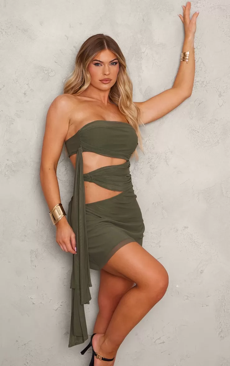 PrettyLittleThing Mesh Bandeau Tie Waist Cut Out Mini Dress< Strapless Dresses