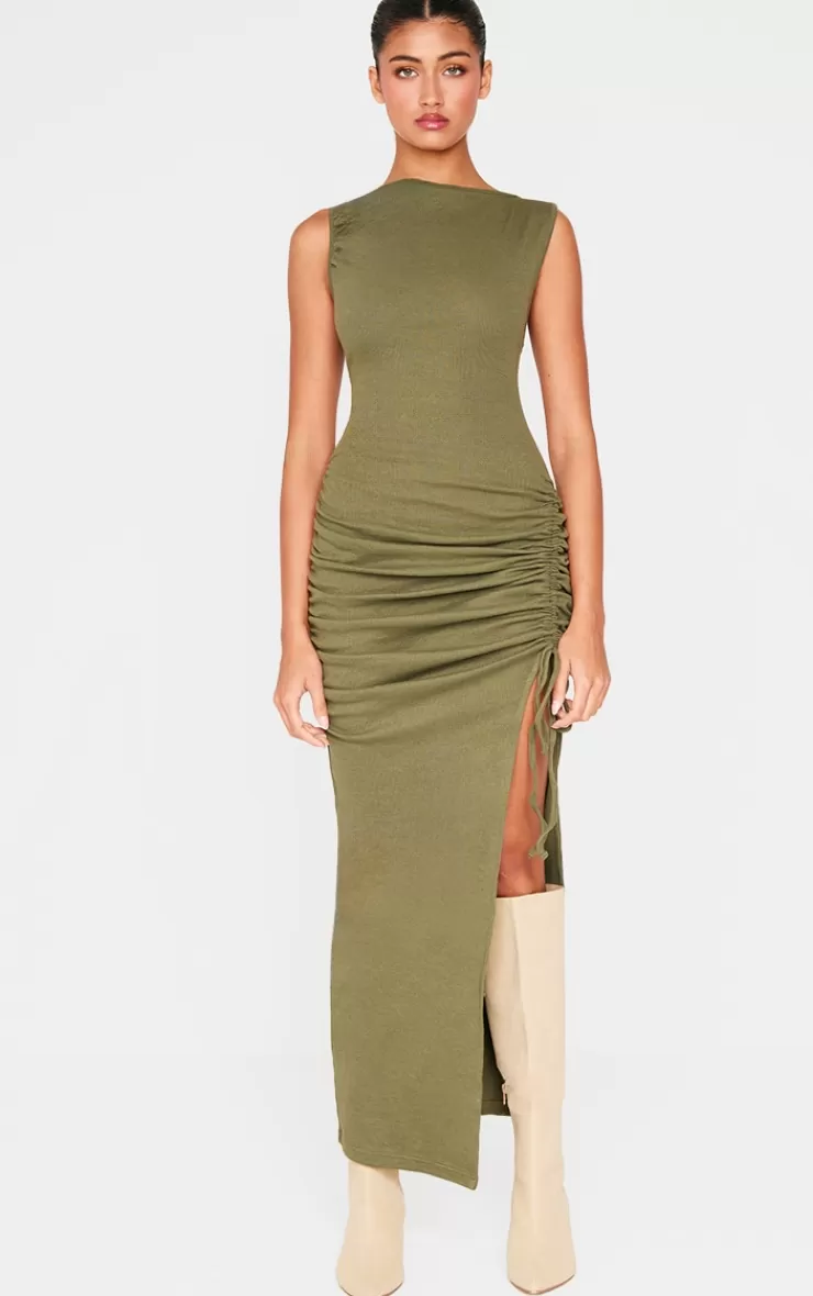 PrettyLittleThing Side Split Ruched Sleeveless Maxi Dress< Maxi Dresses
