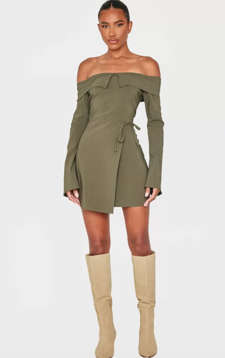 PrettyLittleThing Stretch Woven Fold Bardot Wrap Dress< Wrap Dresses