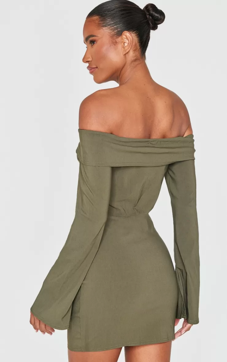 PrettyLittleThing Stretch Woven Fold Bardot Wrap Dress< Wrap Dresses