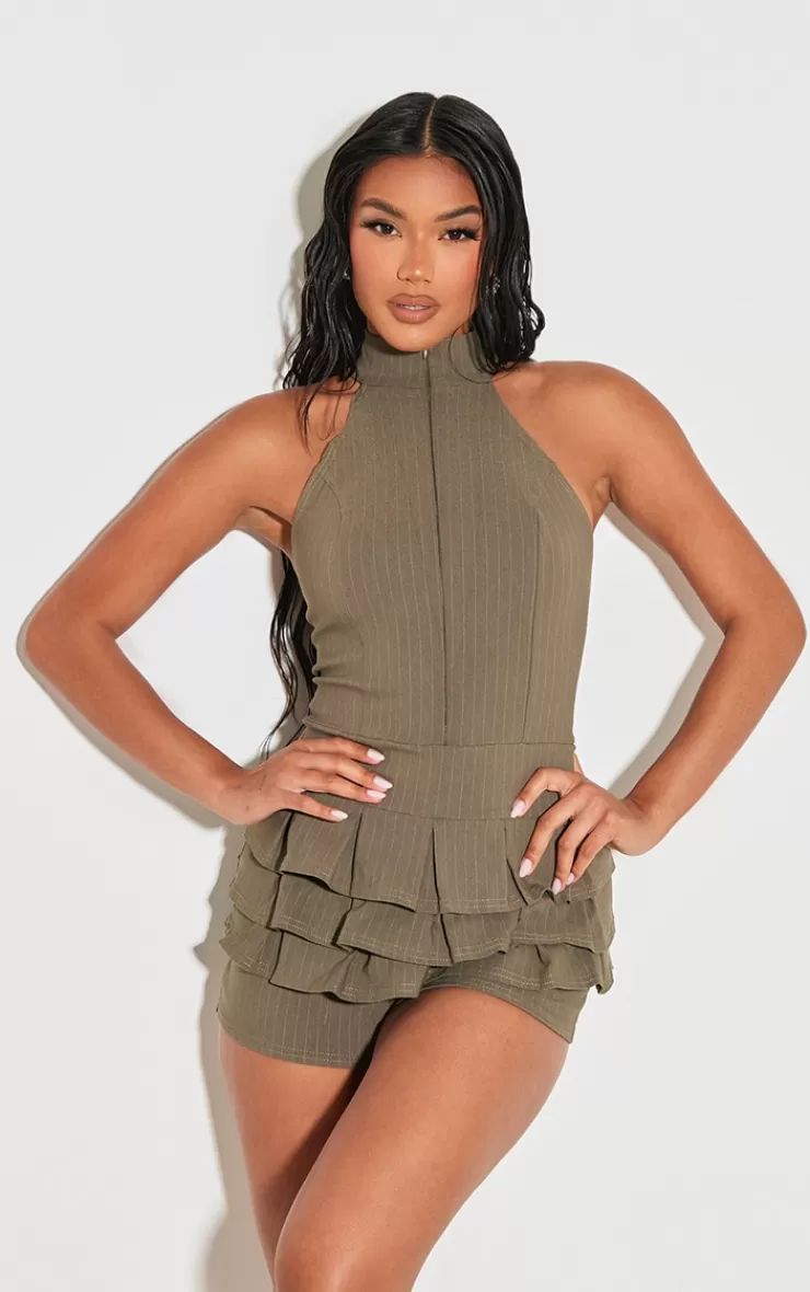 PrettyLittleThing Stretch Woven High Neck Rara Skort Romper< Going Out