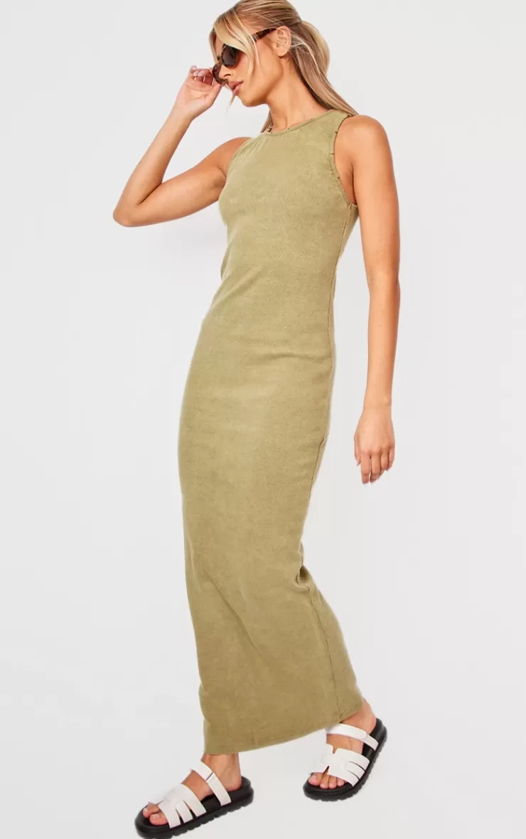 PrettyLittleThing Washed Rib Distressed Detail Midaxi Dress< Midi Dresses