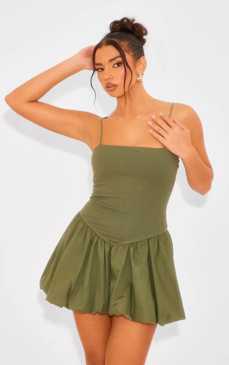PrettyLittleThing Woven Ribbed Puffball Mini Dress< Shift Dresses