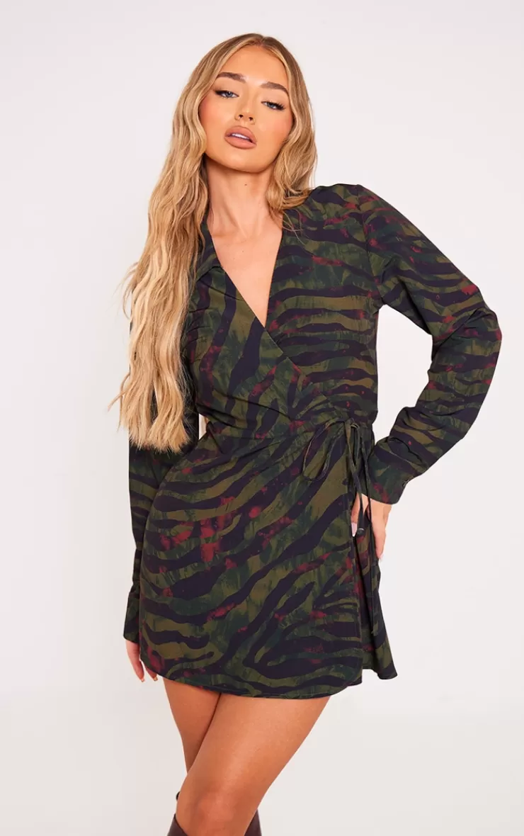 PrettyLittleThing Zebra Print Wrap Tie Bodycon Dress< Wrap Dresses