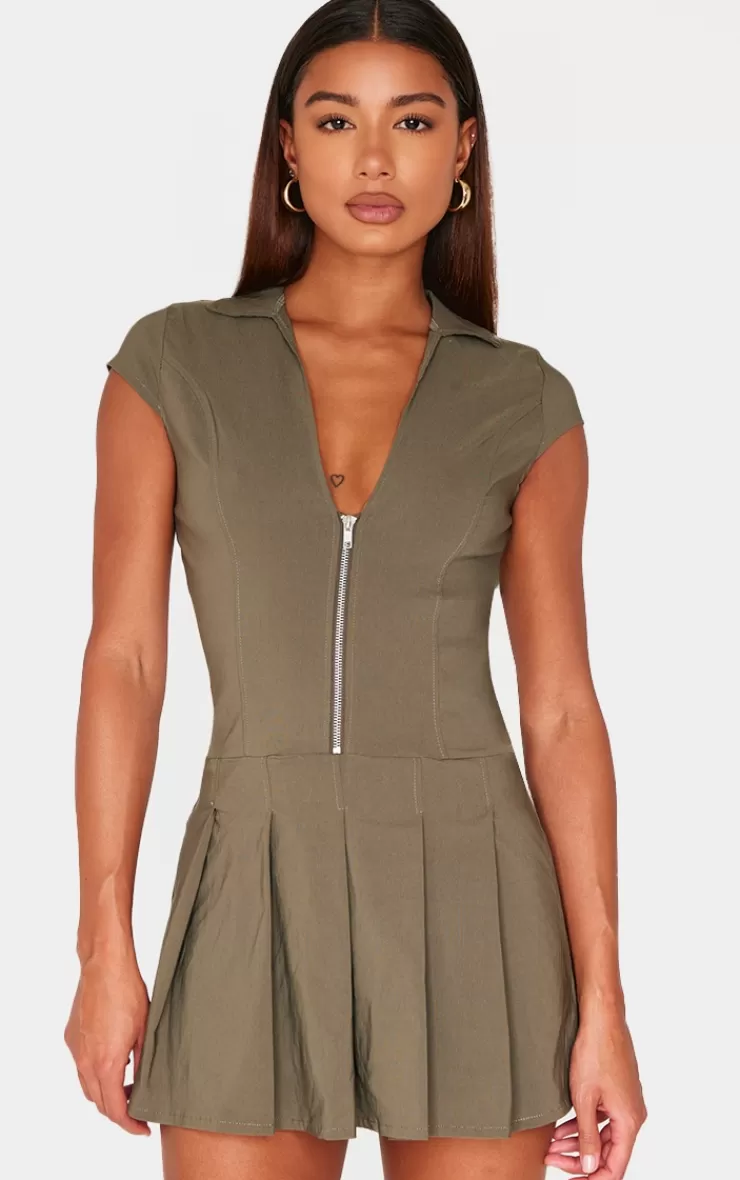 PrettyLittleThing Zip Up Pleated Shift Dress< Shift Dresses