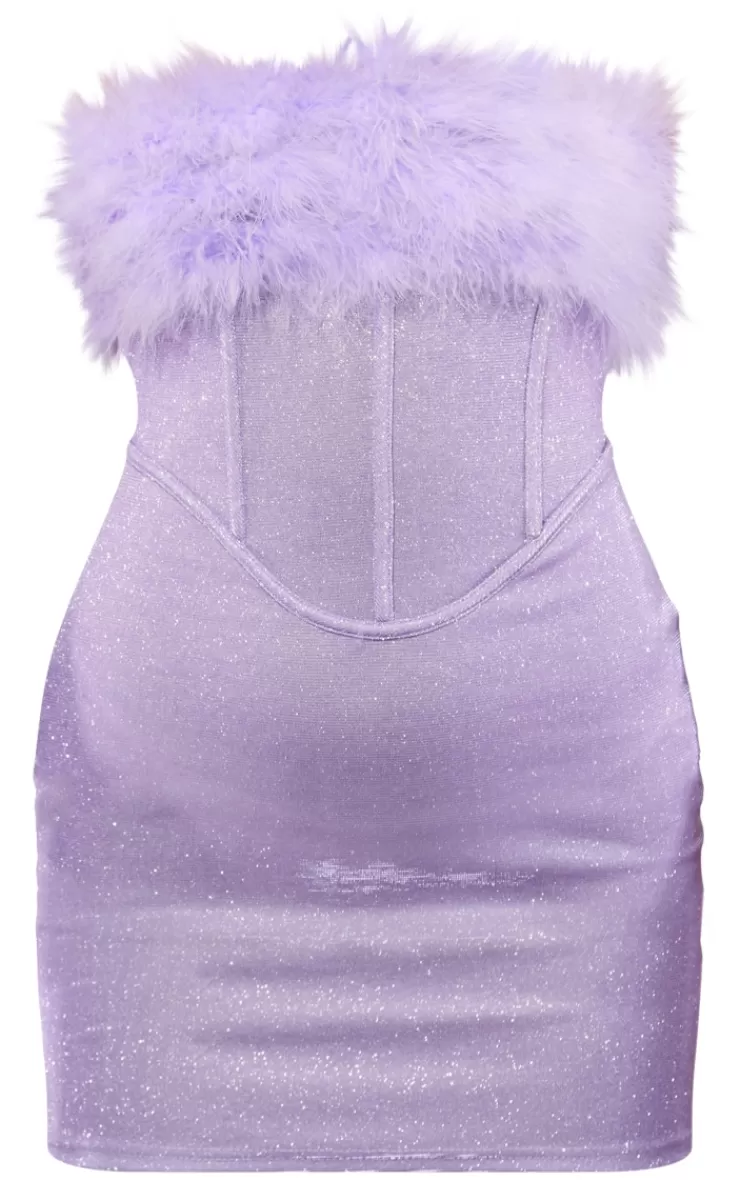 PrettyLittleThing Glitter Corset Feather Bandeau Bodycon Dress< Strapless Dresses