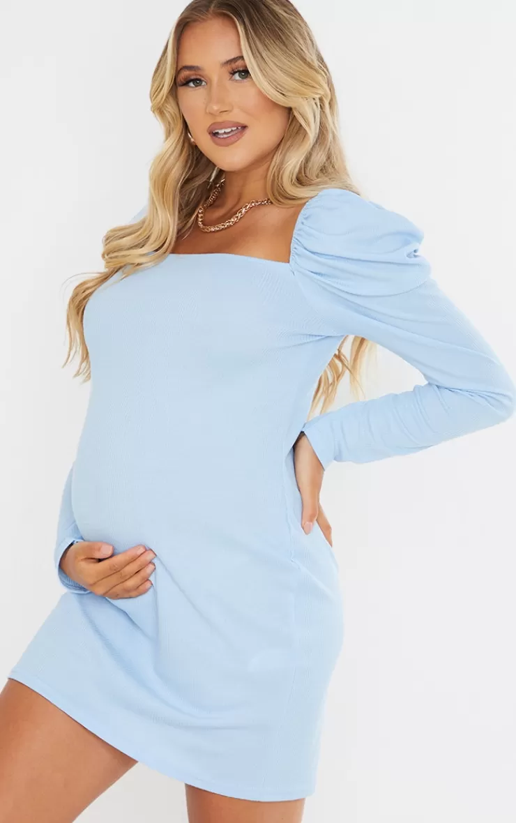 PrettyLittleThing Maternity Puff Shoulder Long Sleeve Rib Mini Dress< Mini Dresses