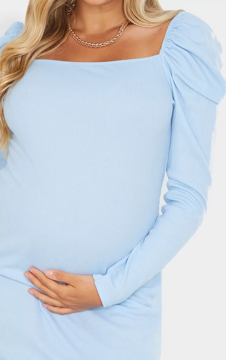PrettyLittleThing Maternity Puff Shoulder Long Sleeve Rib Mini Dress< Mini Dresses