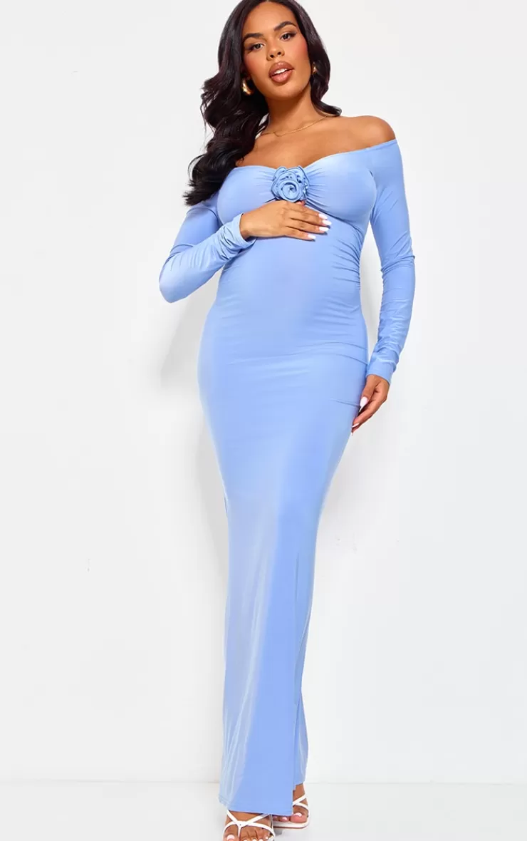 PrettyLittleThing Maternity Slinky Corsage Detail Off The Shoulder Maxi Dress< Maxi Dresses