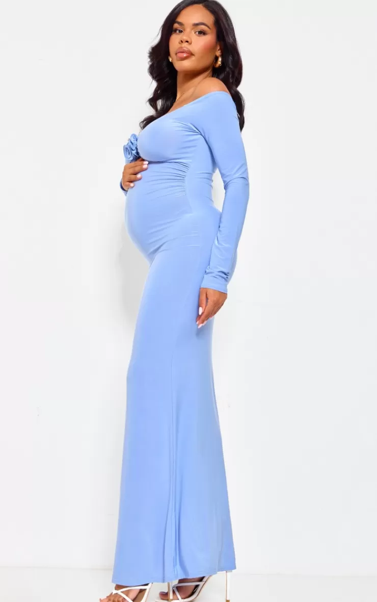 PrettyLittleThing Maternity Slinky Corsage Detail Off The Shoulder Maxi Dress< Maxi Dresses