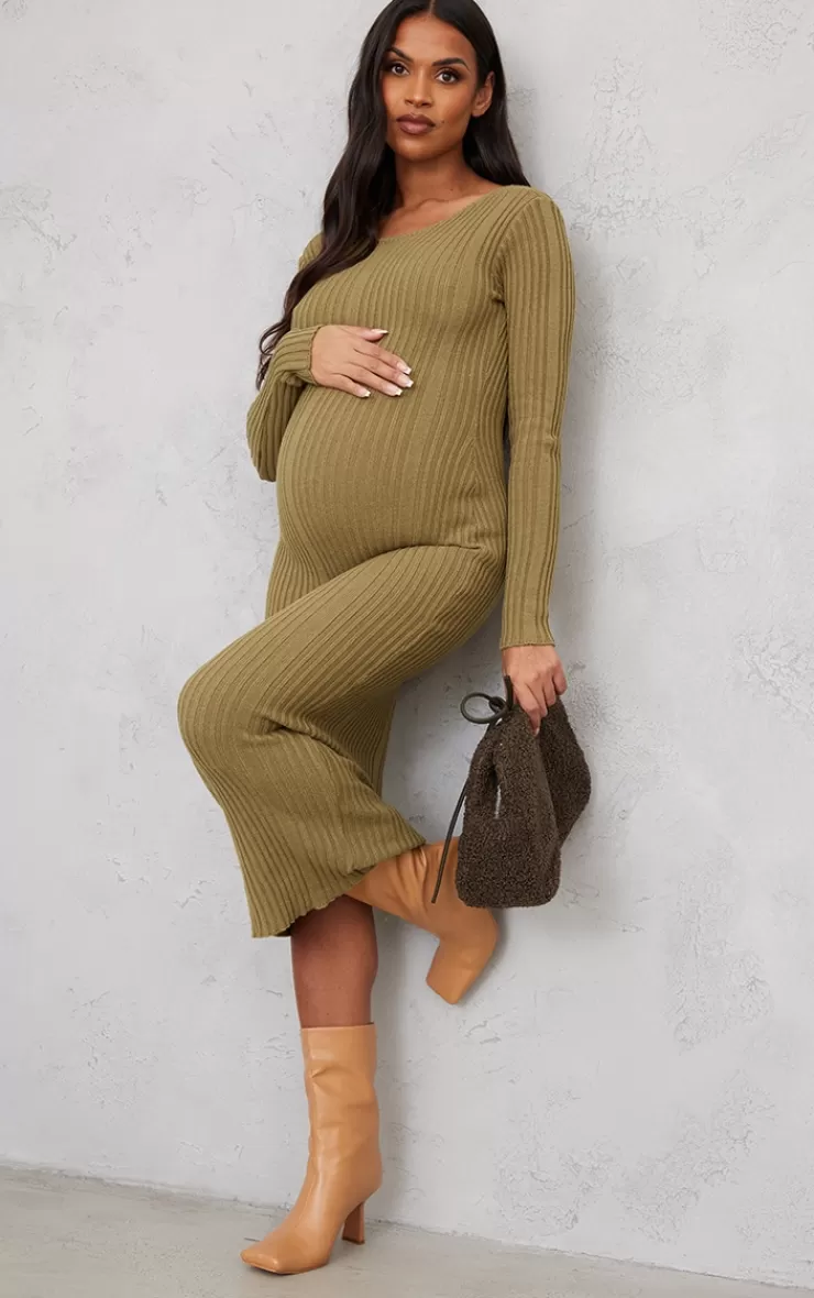 PrettyLittleThing Maternity Knitted Midaxi Tie Back Bodycon Dress< Midi Dresses