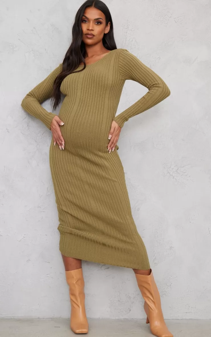 PrettyLittleThing Maternity Knitted Midaxi Tie Back Bodycon Dress< Midi Dresses