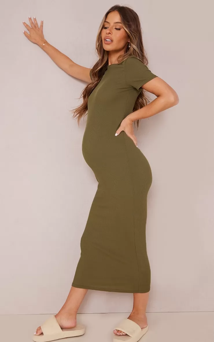 PrettyLittleThing Maternity Ribbed Crew Neck Midi Dress< Midi Dresses