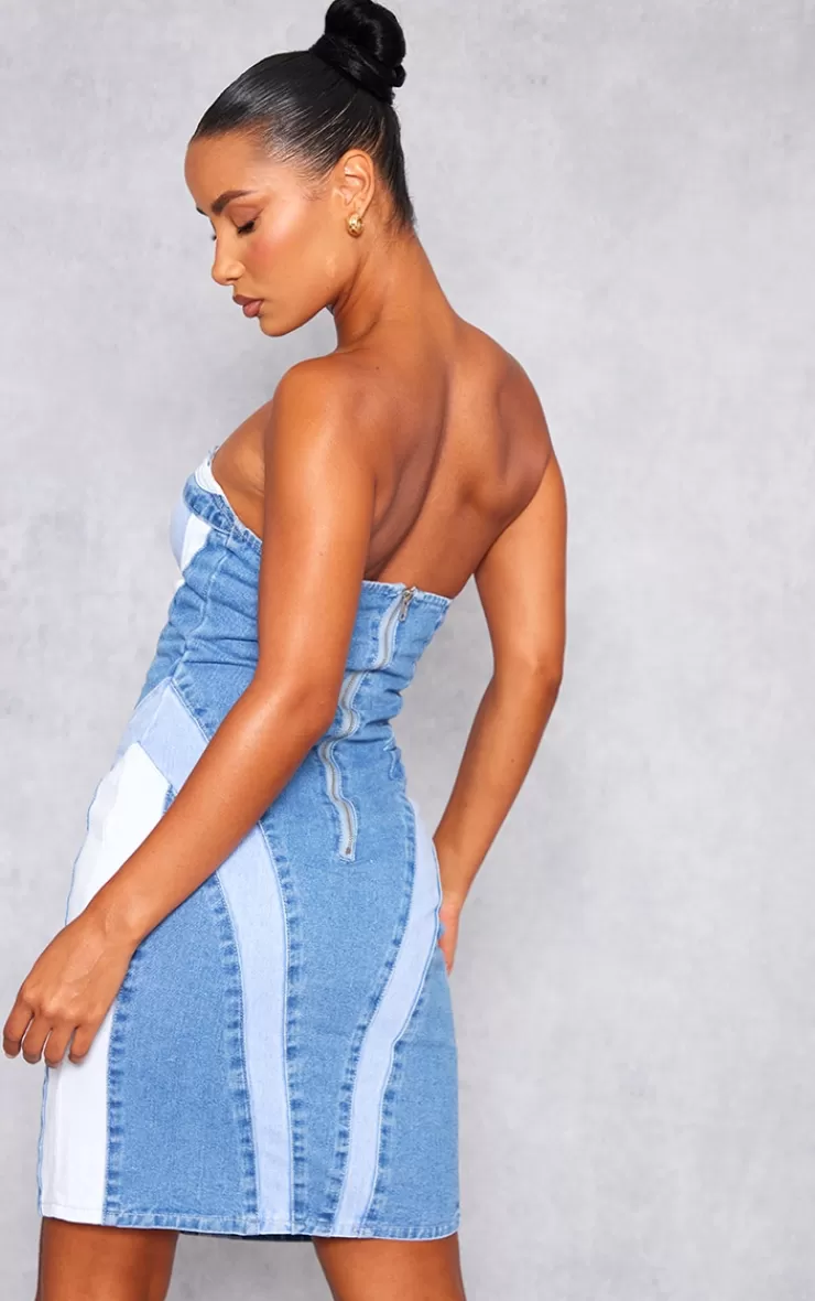 PrettyLittleThing Contrast Panel Denim Mini Dress< Mini Dresses