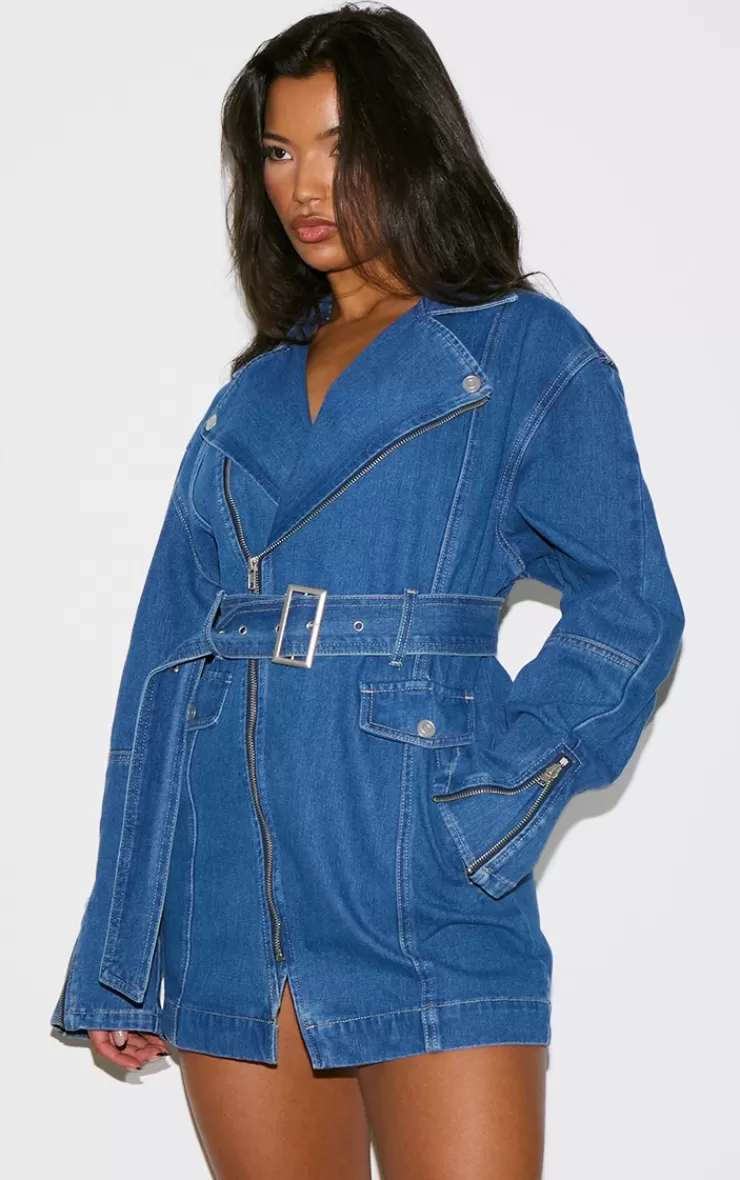 PrettyLittleThing Denim Long Sleeve Belted Biker Dress< Denim Dresses