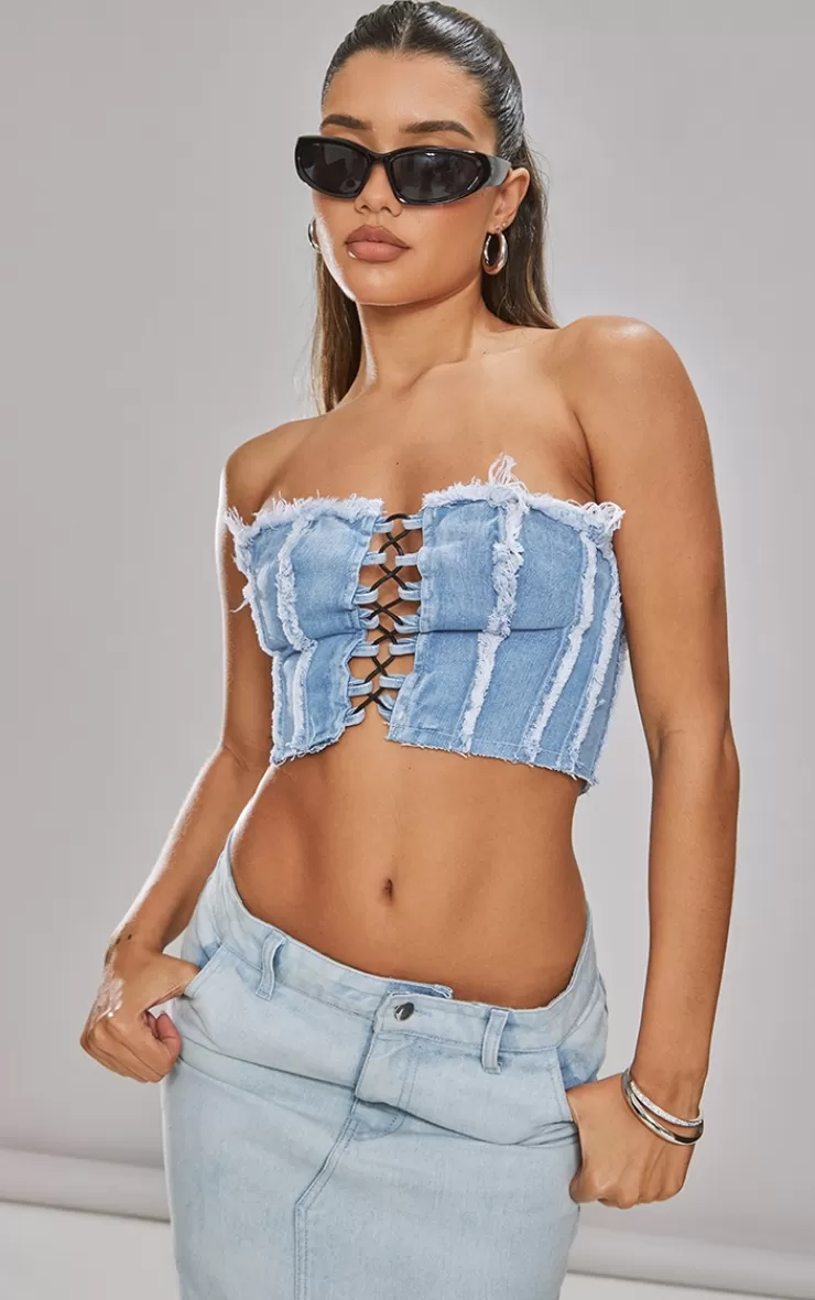 PrettyLittleThing Lace Front Distressed Edge Denim Bandeau Top< Going Out