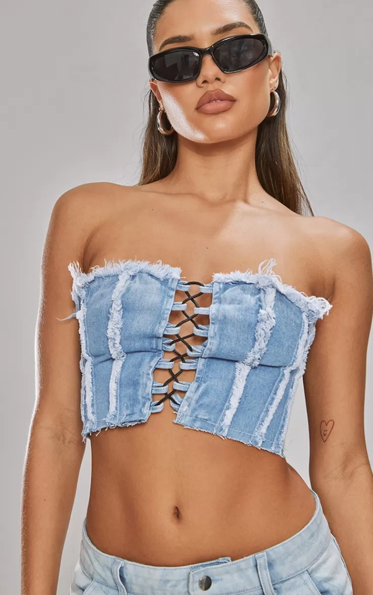 PrettyLittleThing Lace Front Distressed Edge Denim Bandeau Top< Going Out