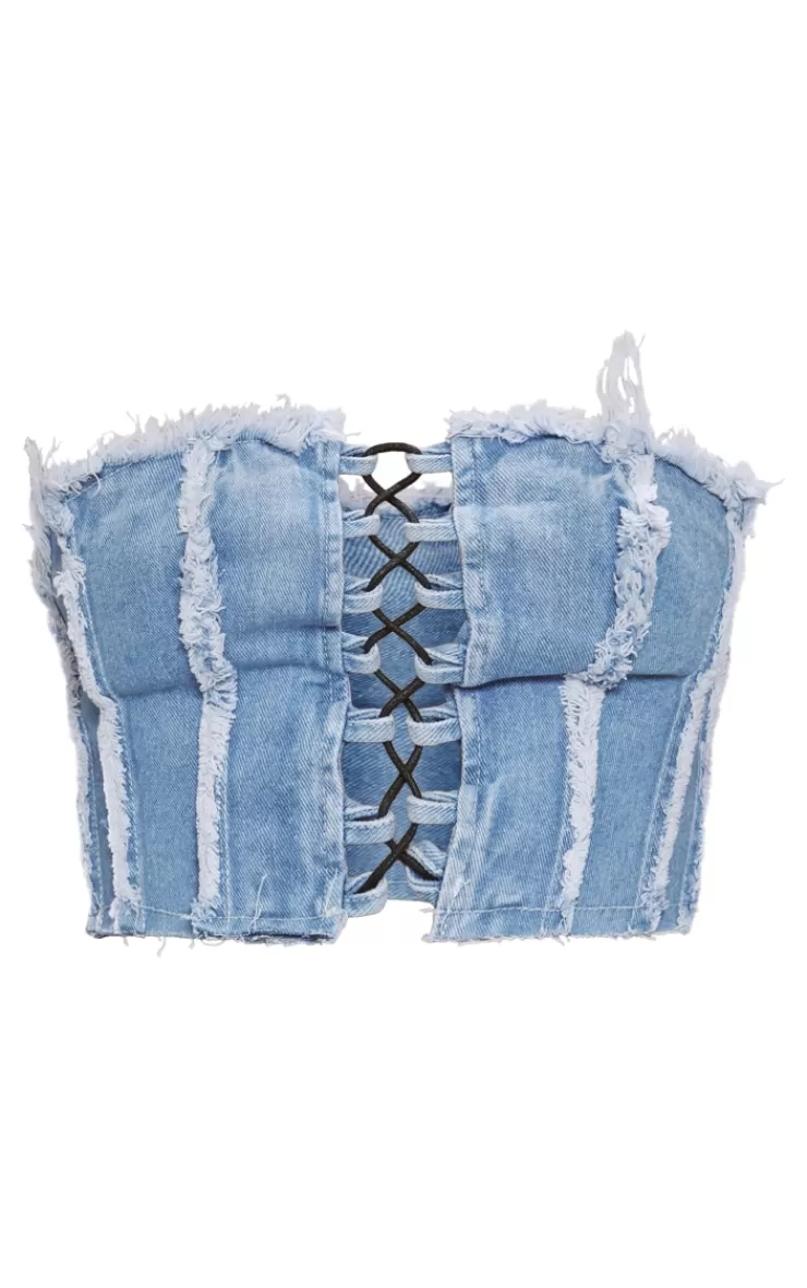 PrettyLittleThing Lace Front Distressed Edge Denim Bandeau Top< Going Out