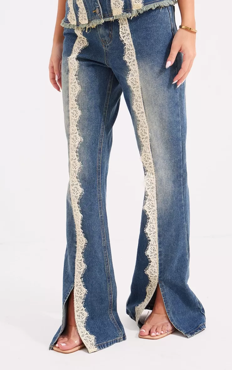 PrettyLittleThing Lace Trim Frayed Edge Flared Denim Jeans< Going Out