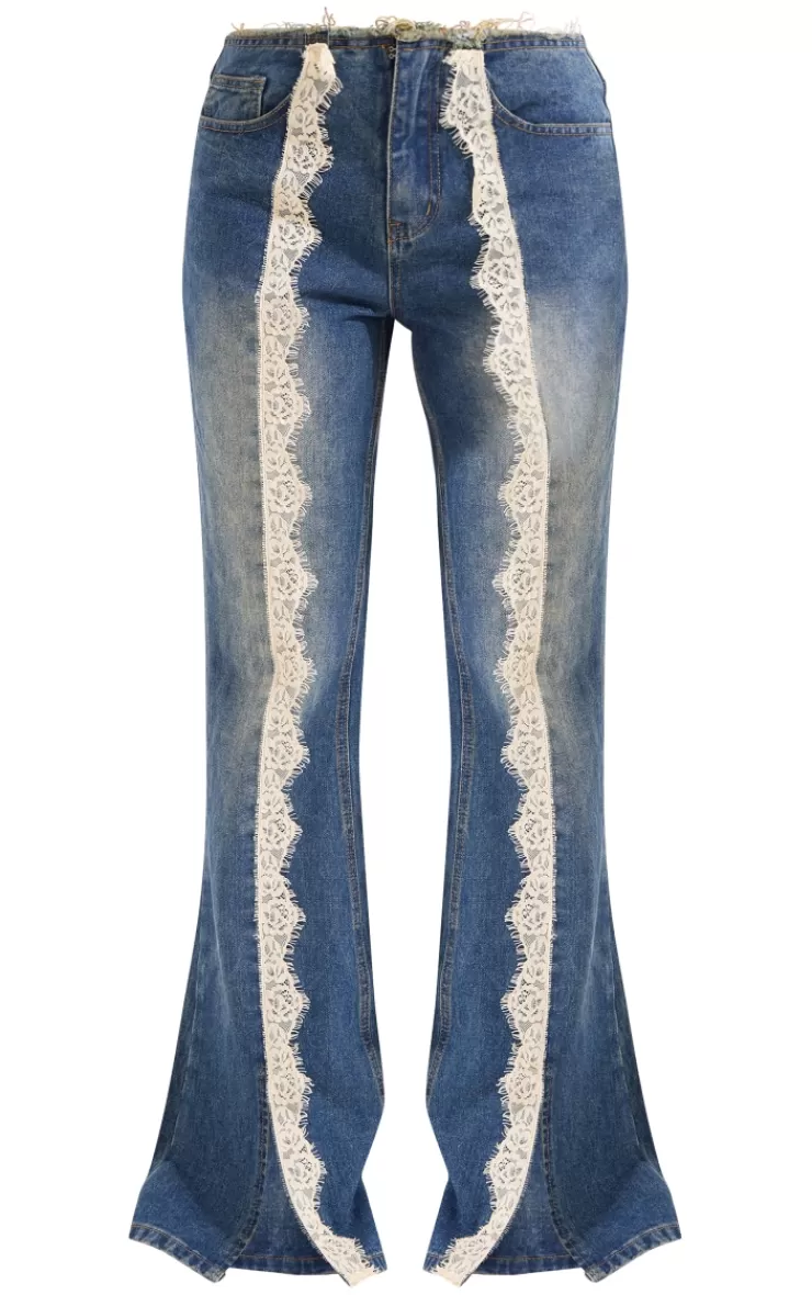 PrettyLittleThing Lace Trim Frayed Edge Flared Denim Jeans< Going Out
