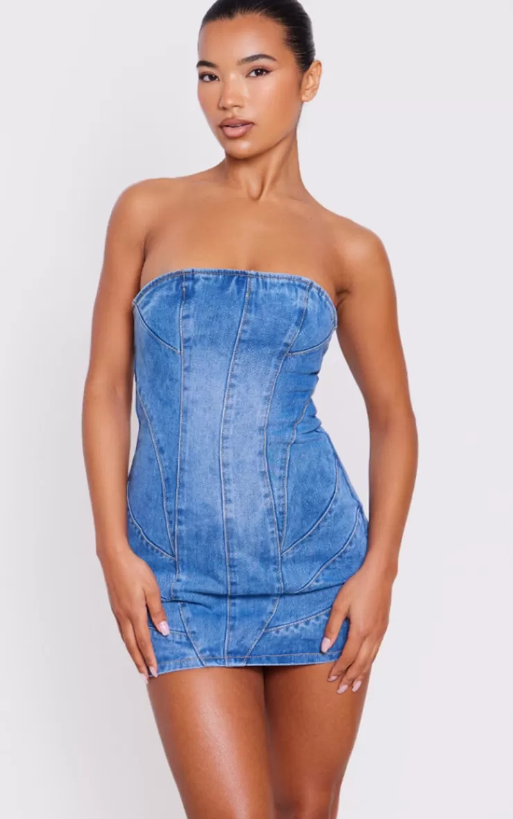 PrettyLittleThing Seam Detail Bandeau Denim Mini Dress< Strapless Dresses