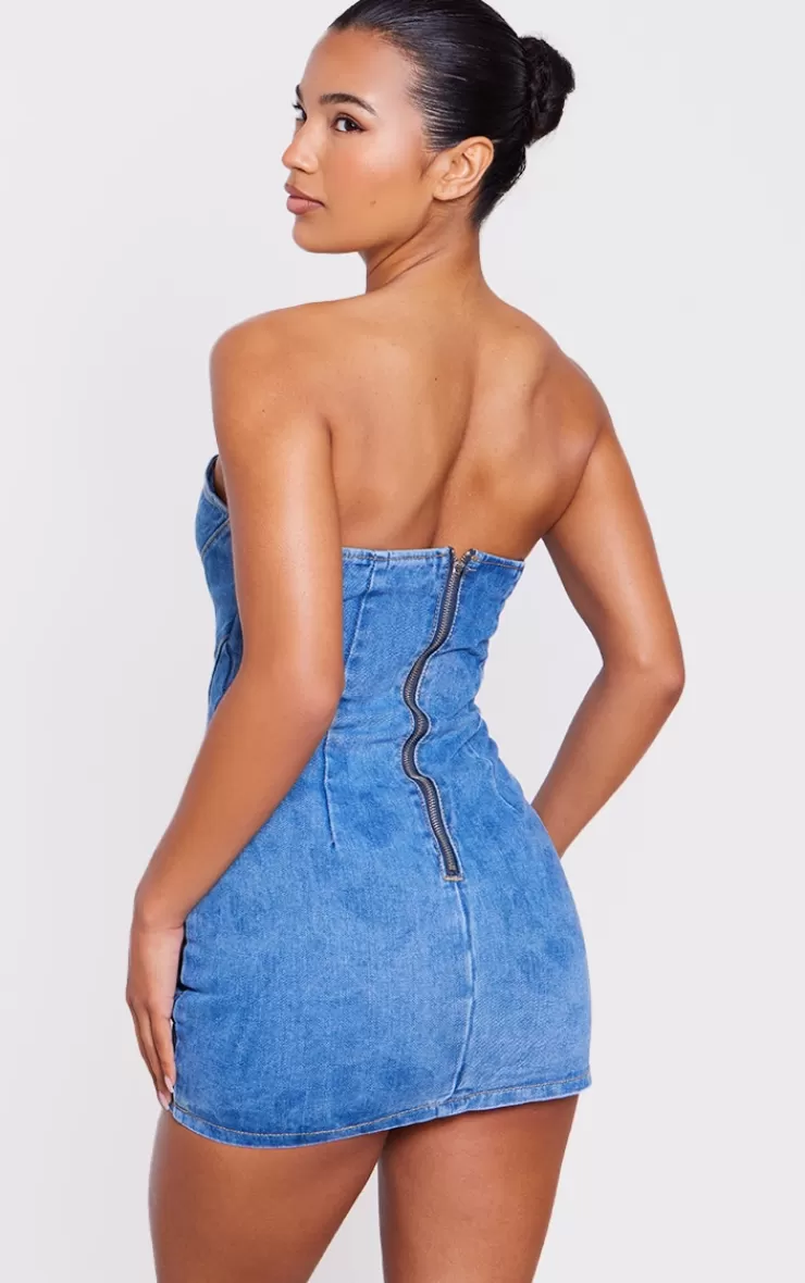 PrettyLittleThing Seam Detail Bandeau Denim Mini Dress< Strapless Dresses