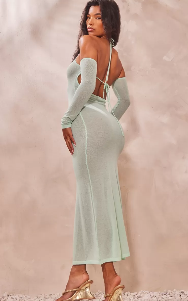 PrettyLittleThing Sheer Knit Halter Neck Long Sleeve Dress< Wedding Guest Dresses